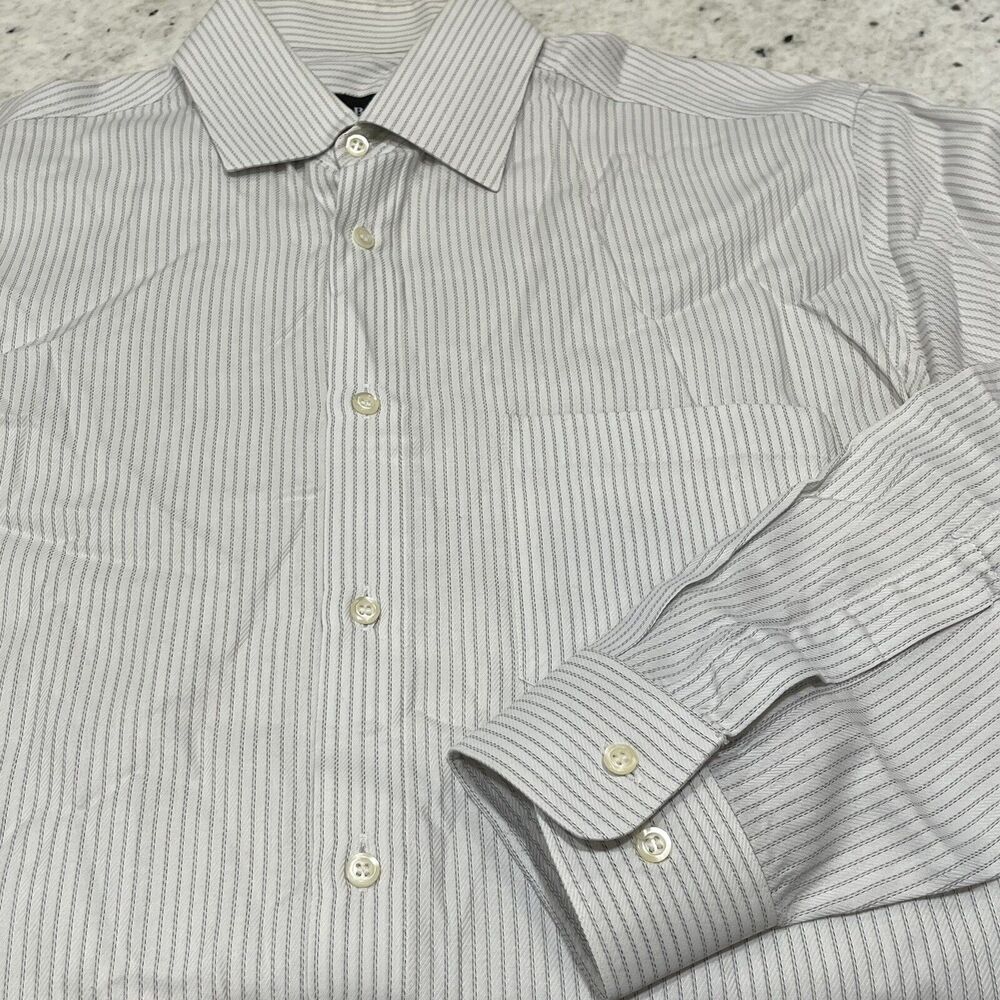 Hugo Boss Men's Dress Shirt Button Down Gray White Striped Long Sleeve 15 1/2 M